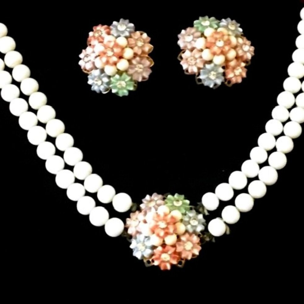 1950s Celluloid Plastic Pastel Flower Cluster/Rhinestone Necklace & Earring Set